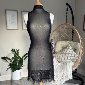 Black Mesh Rhinestone Mini Dress w/ a High Neckline & Feather Trim | L (Fits M)
